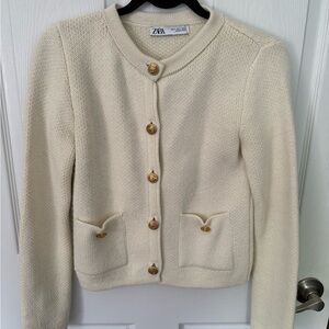 Zara Ivory Knit Cardigan with Gold Accents